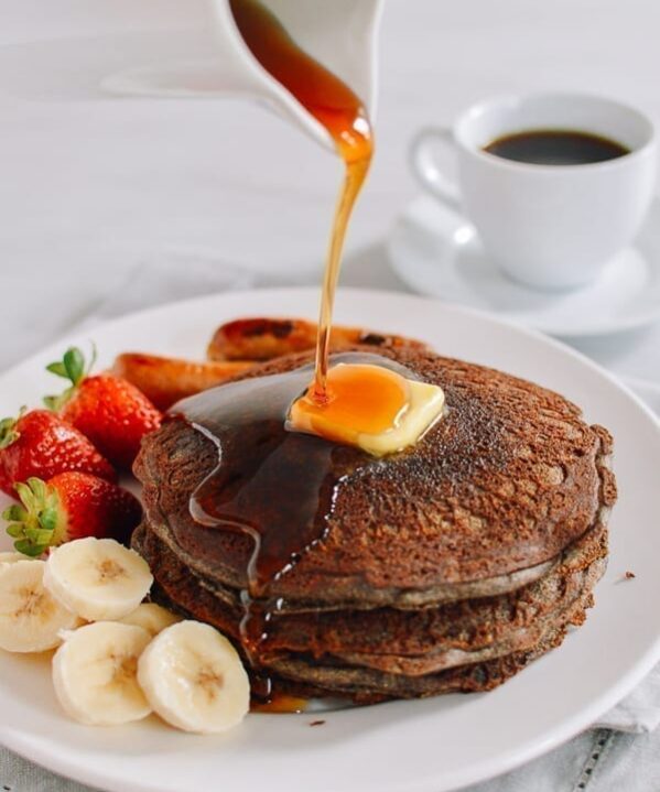 Buckwheat pancakes drizzled with maple syrup and butter, thewoksoflife.com